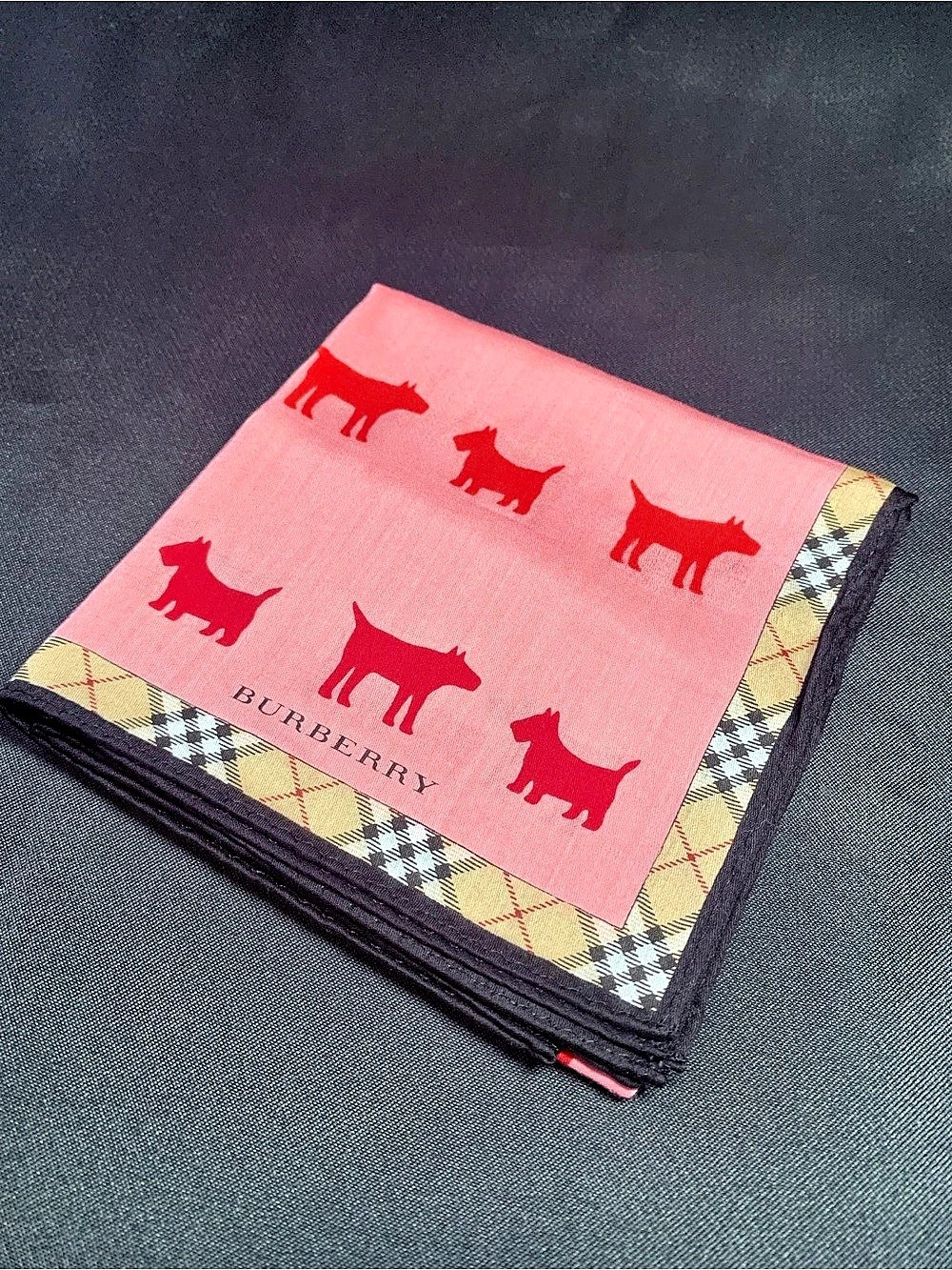 Burberry Pink Scottish Terrier Dog Print Nova Check Border Handkerchief Pocket